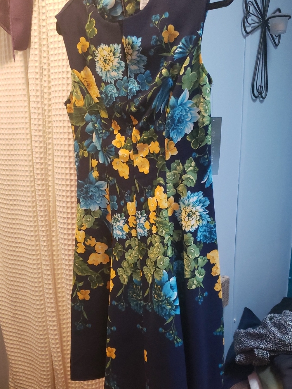 Navy Floral Fit-and-Flare Dress with Yellow & Teal Blooms